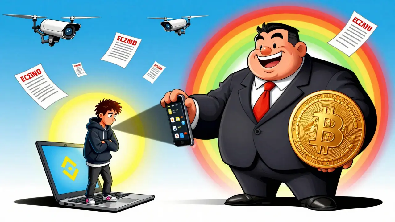 A foreigner with a laptop surrounded by a government official holding a digital yuan coin, vibrant halos in background.