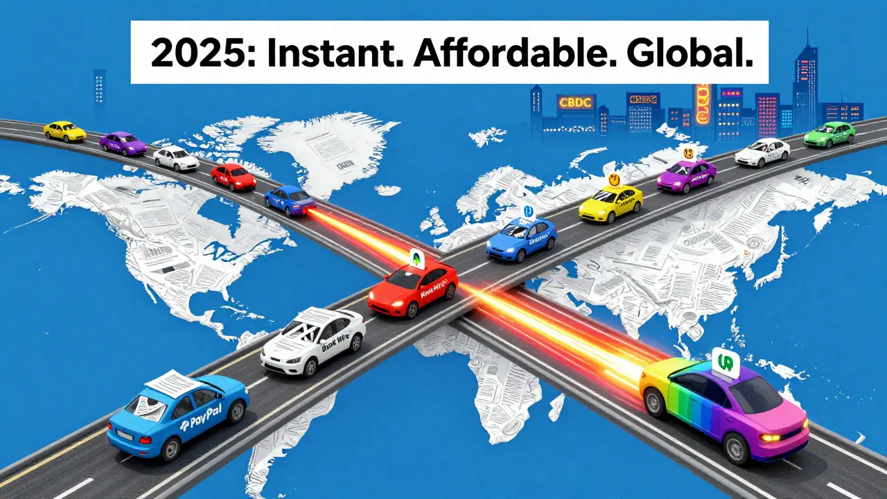 A global highway where slow traditional payment cars are stuck, while fast blockchain vehicles zoom past with zero-fee trails.