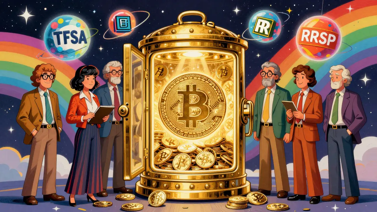 A golden Bitcoin vault with investors and tax-free account icons floating in a vibrant, cosmic Peter Max-style universe.