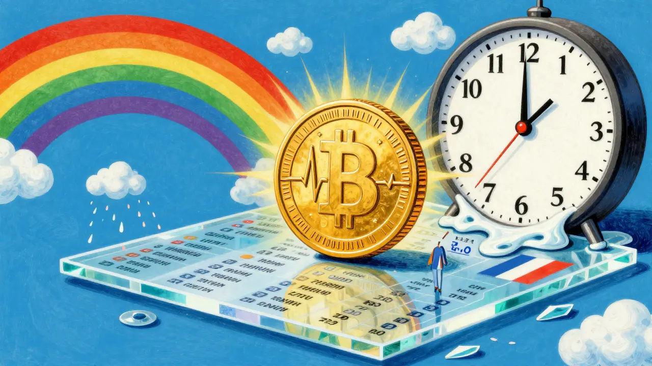 A radiant CBDC coin passing through a crystalline ledger, fed by rainbow data streams, with a melting clock symbolizing instant settlement.