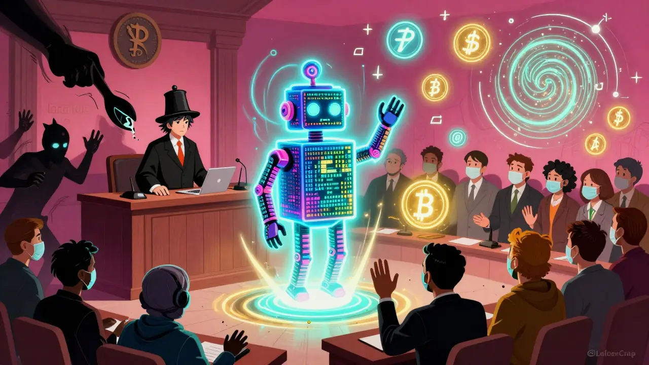 A sentient smart contract on trial as activists protest, surrounded by glowing zero-knowledge proof symbols.