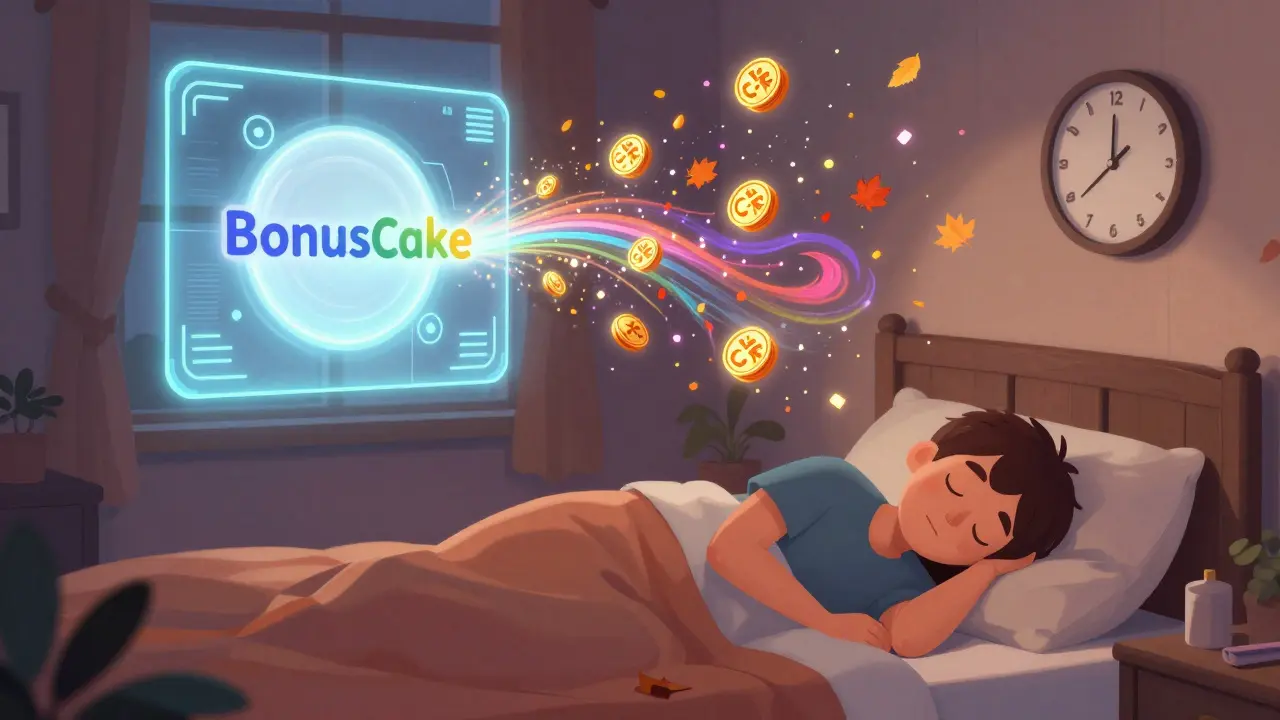 A sleeping person with CAKE tokens gently falling from a glowing smart contract above.