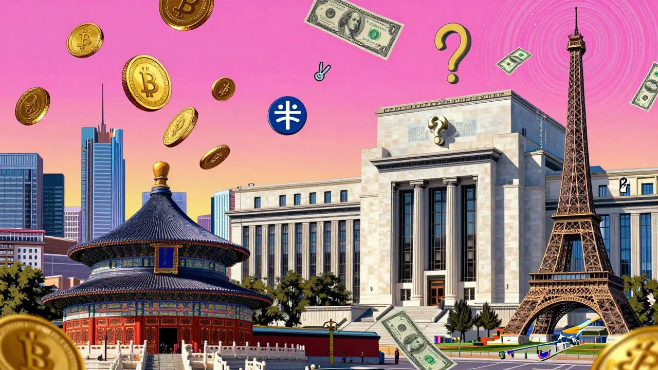 A surreal cityscape with digital yuan and Digital Euro icons swirling above skyscrapers, while a question-mark Fed building looms in the background.