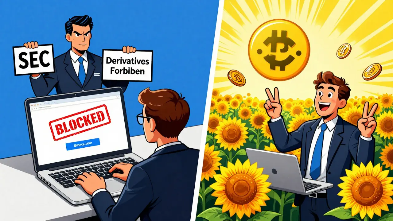 A user blocked from Binance in the U.S. versus successfully trading in Ukraine with glowing coins and sunflowers.