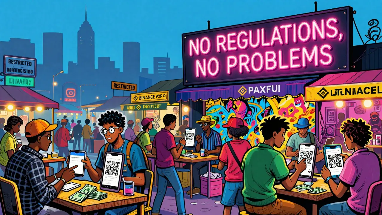 A vibrant P2P crypto marketplace with cash exchanges and neon logos, contrasting restricted regions in the background.