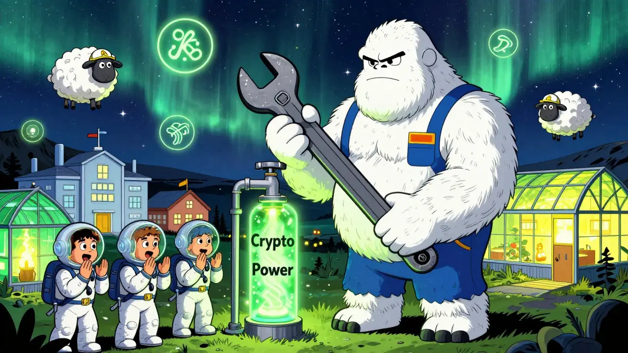 A yeti utility worker turns off a power faucet as miners plead, while hospitals and greenhouses glow with reclaimed heat.