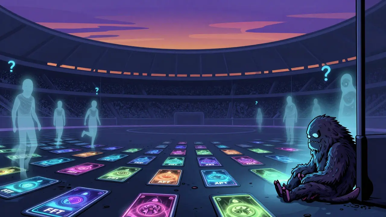 Abandoned AR cards and a fading AI monster in an empty digital arena.