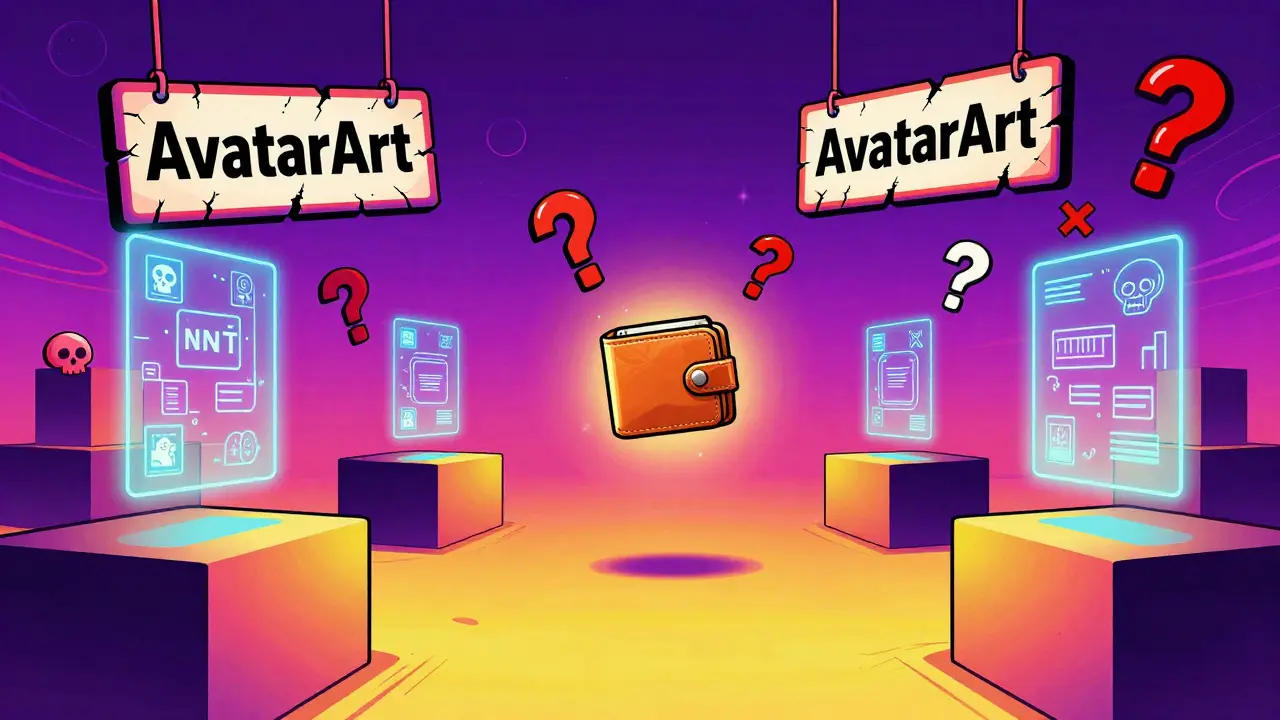 An abandoned virtual art gallery with flickering holograms and a lone floating wallet under warning symbols.