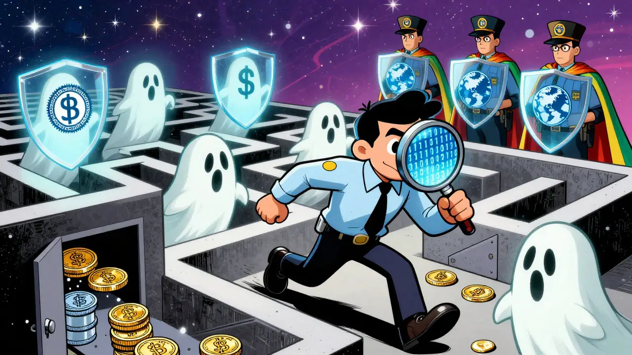 An AI detective chasing crypto ghosts through mixers and blocked wallets, guarded by global regulators in a trippy cosmic landscape.