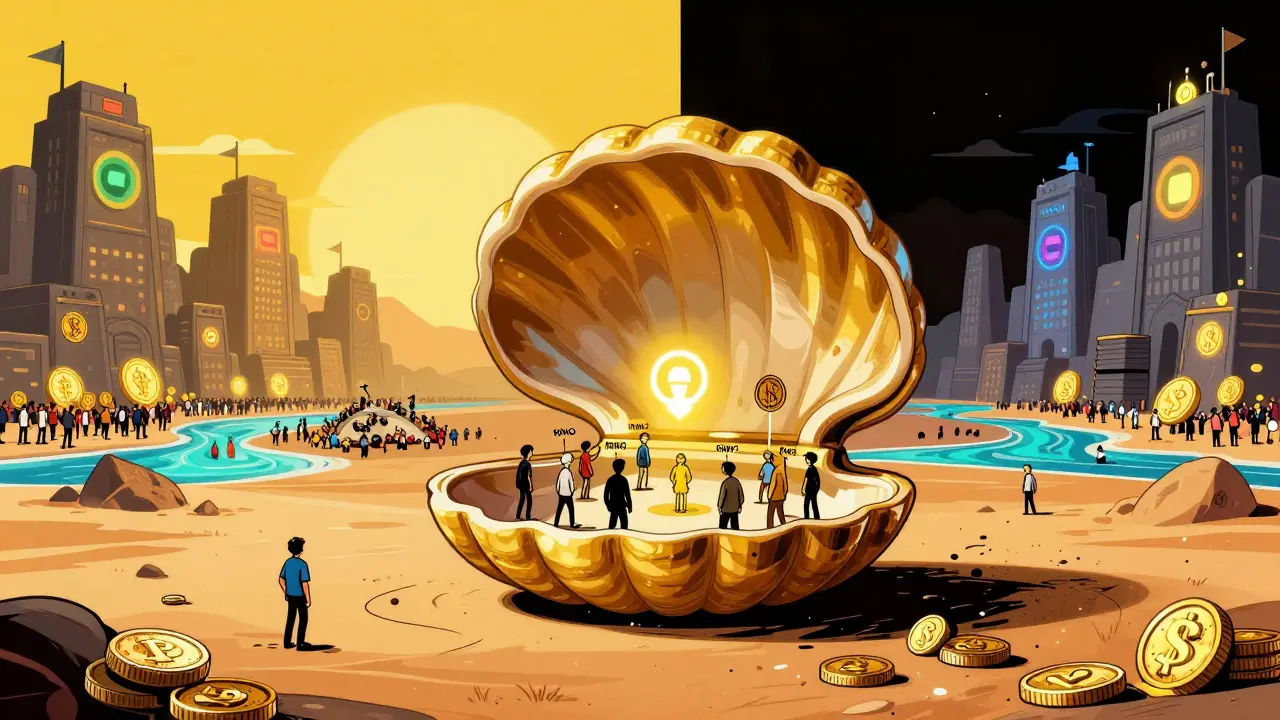 Beautiful hollow Ring Protocol shell stands empty in a digital desert, while other DEXs thrive nearby