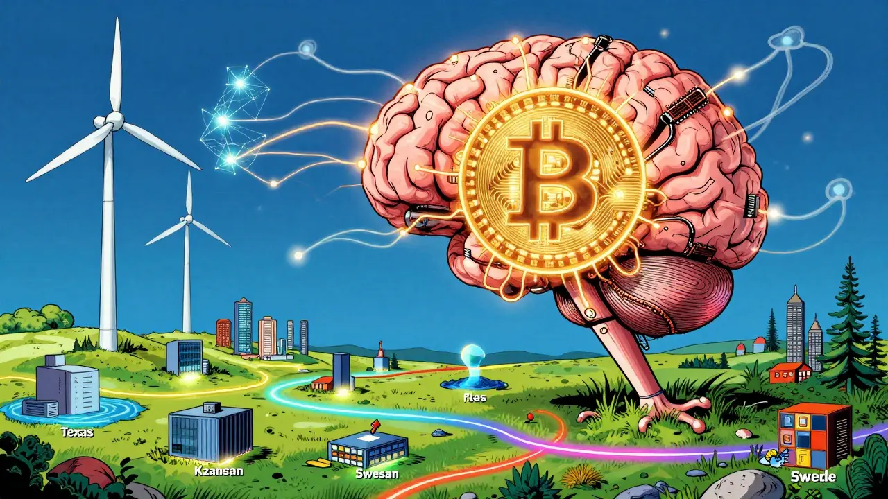 Bitcoin hash rate as a glowing brain powered by sustainable energy, with global light trails.