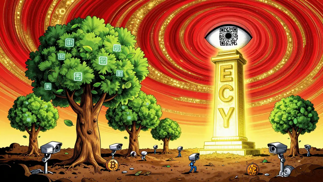 Blockchain trees beside a towering e-CNY statue, tiny figures burying Bitcoin as surveillance cameras grow from the ground.