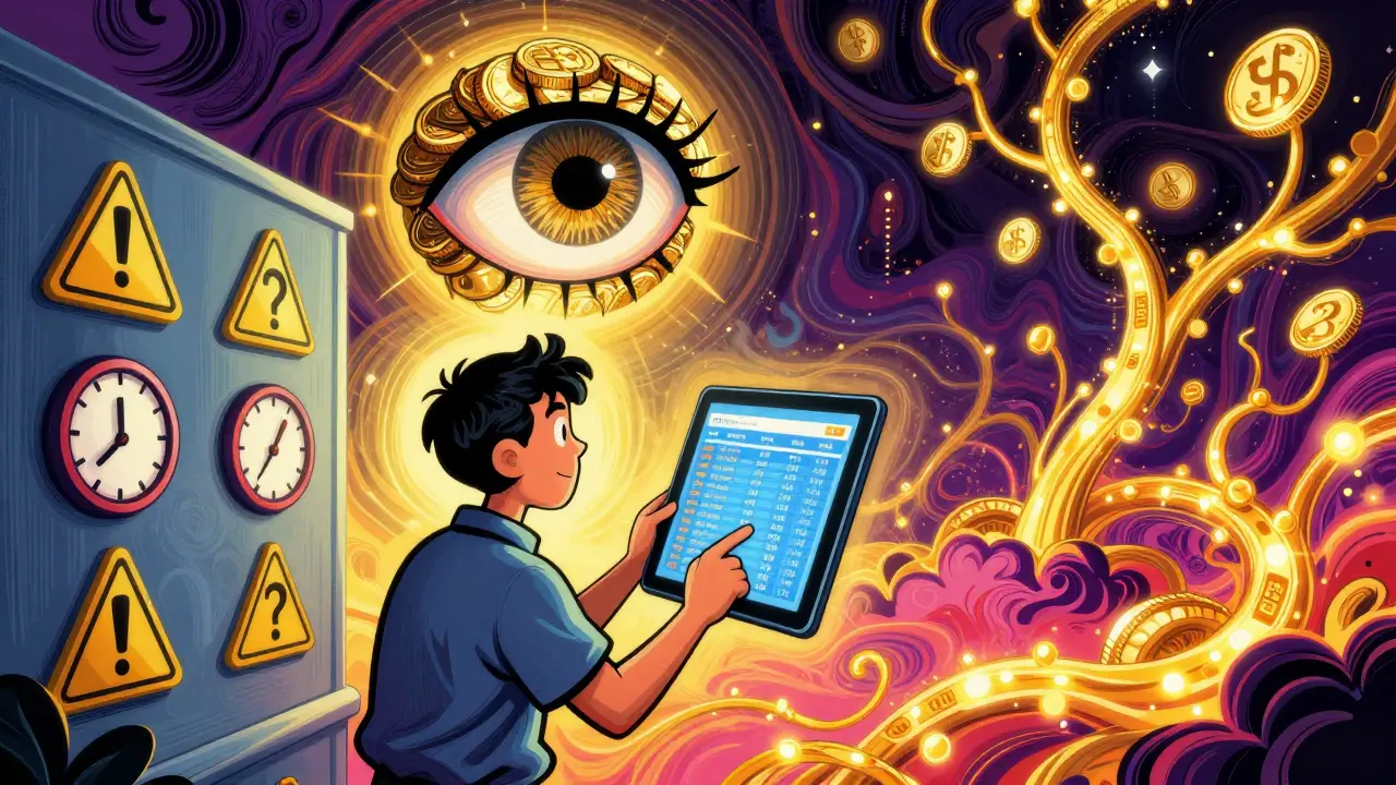 Calm trader watching order book as giant coin-eye watches, blockchain vines glowing, warning symbols floating nearby.