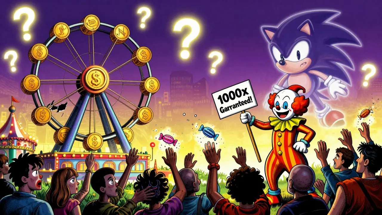 Carnival ride called 'Meme Coin Funhouse' with crumbling token symbols and fading Sonic logo.