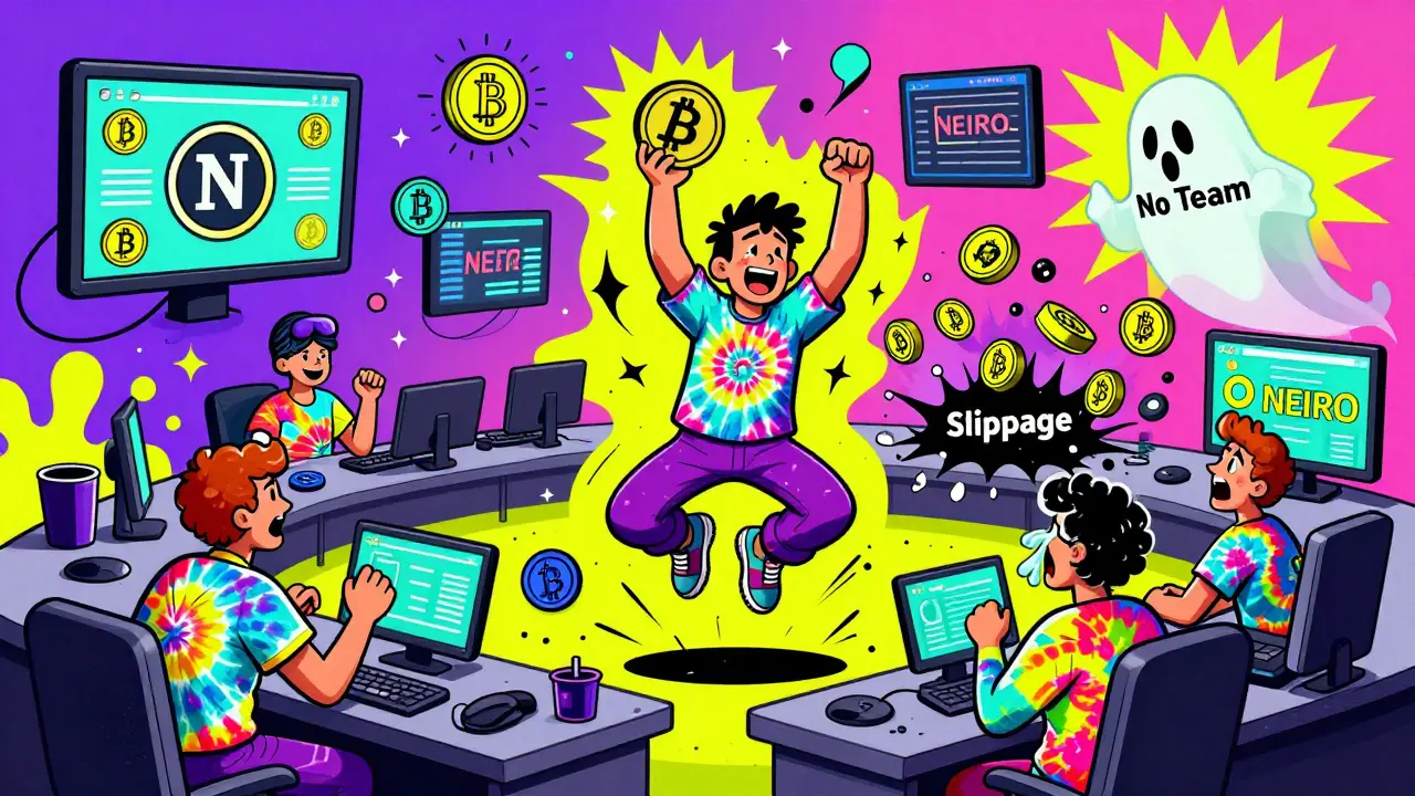 Cartoon investors in tie-dye clothes trading NEIRO tokens on floating screens amid chaos and a ghostly &#039;No Team&#039; figure.