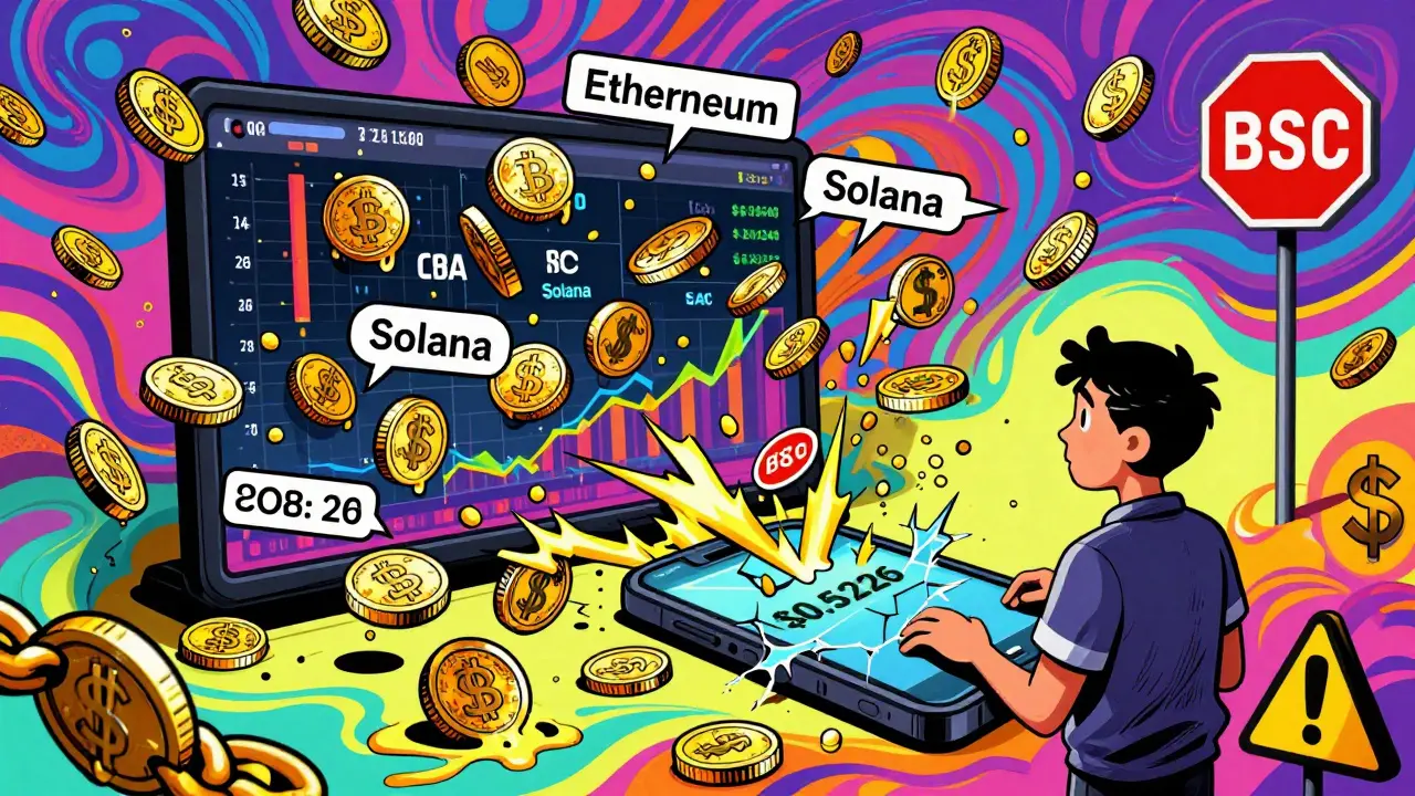 Chaotic crypto market dashboard with conflicting blockchain labels and melting coins.