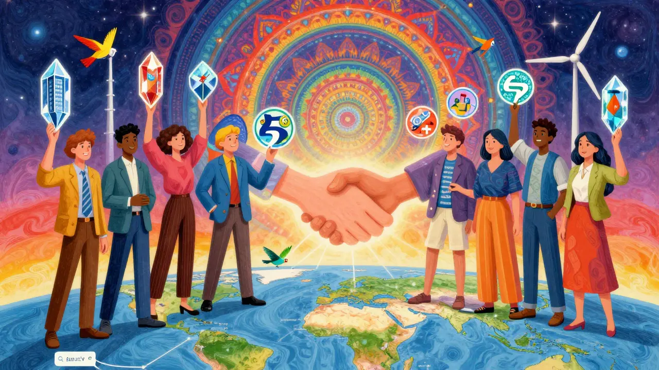 Diverse people holding digital tokens of real-world assets, connected by a glowing code handshake over a kaleidoscopic world map.