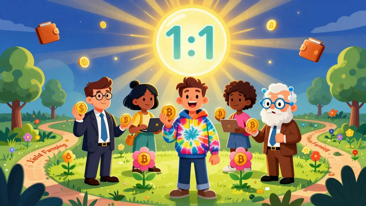 Diverse users hold WBTC tokens that bloom into Bitcoin flowers in a glowing DeFi garden.