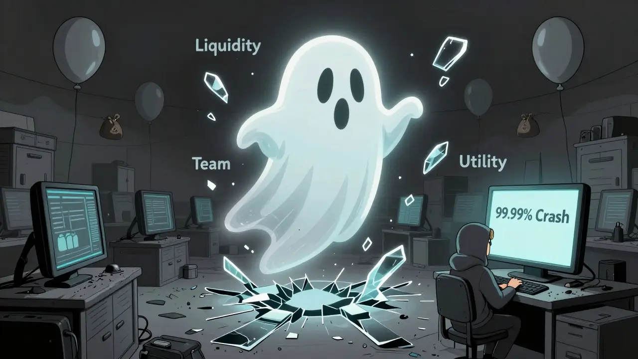 Faded ABI token above an empty digital market, surrounded by crumbling symbols of trust and utility.