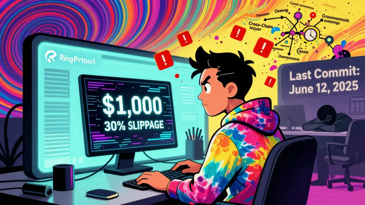 Frustrated user faces slippage warning while a silent team sleeps at a stale development desk