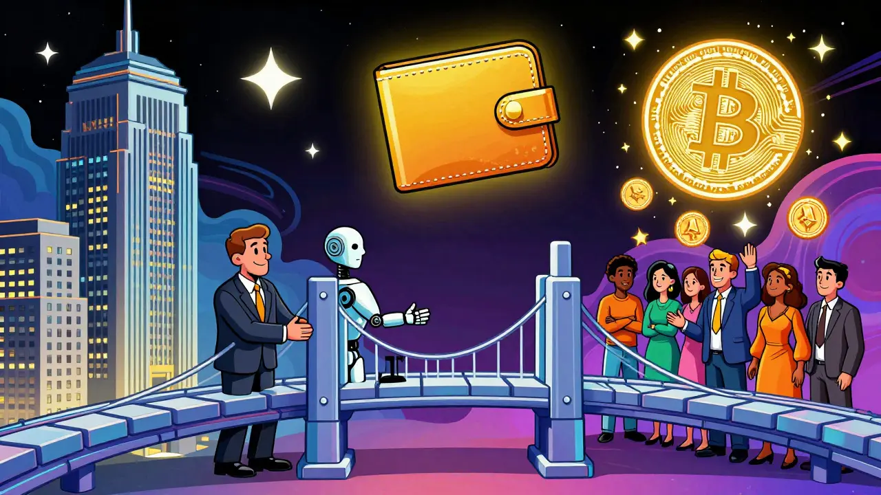 Futuristic bridge connecting Wall Street to a crypto wallet, with AXPon tokens transforming into dividend stars in psychedelic style.