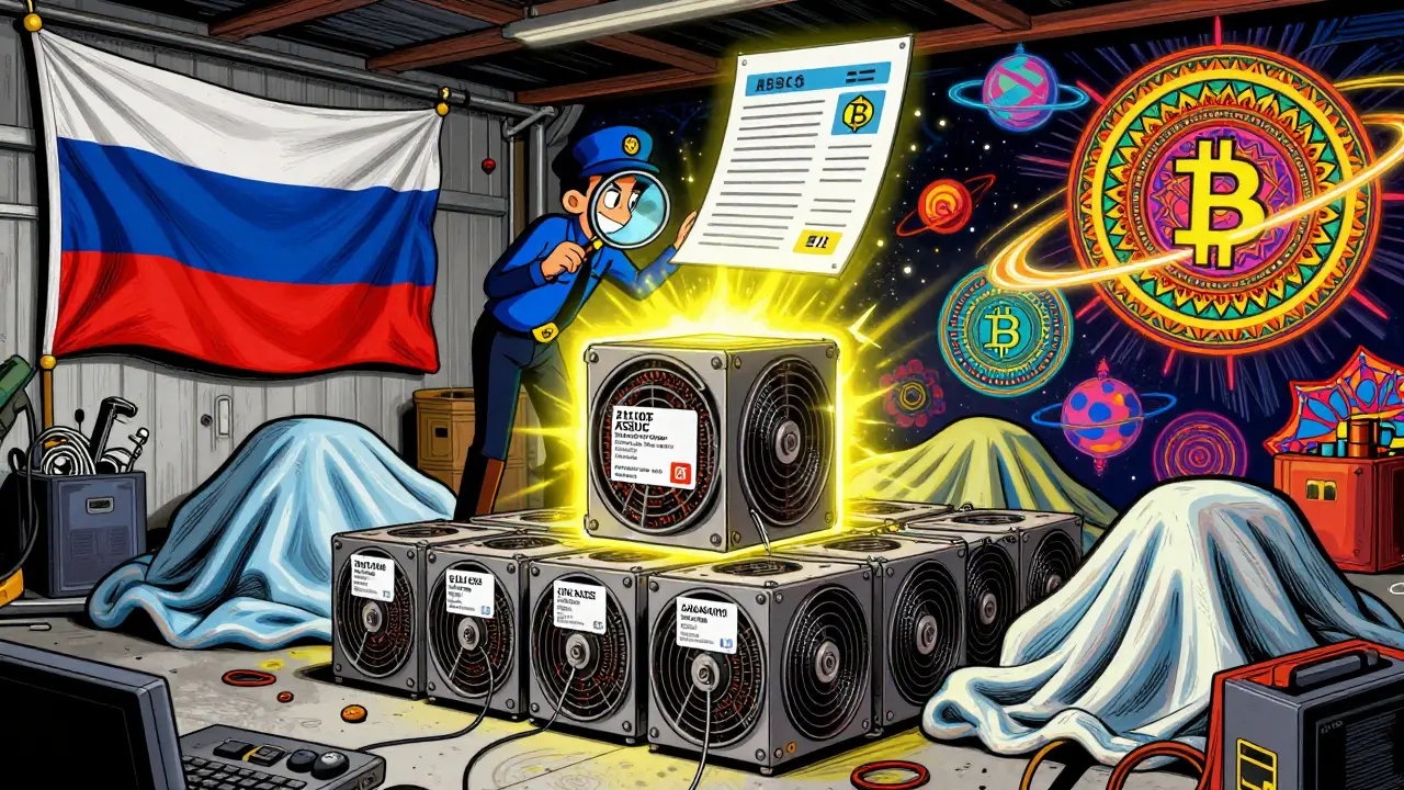 Garage full of labeled and hidden ASIC miners with tax inspector and floating blockchain ledger in vibrant colors.