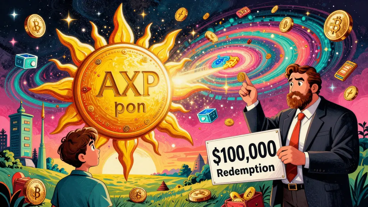 Giant AXPon sun radiating DeFi energy into a galaxy of wallets and vaults, with retail and institutional investors contrasting.