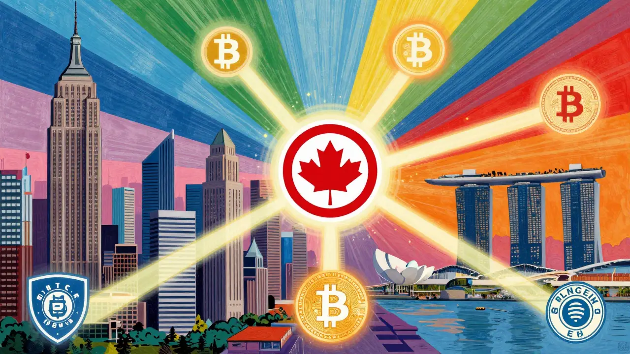 Global financial cities connected by radiant beams to a Canadian Bitcoin ETF logo, surrounded by regulatory symbols in a psychedelic art style.