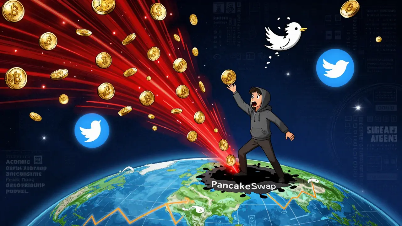 Investor throwing a SONIC token into a black hole as other crypto tokens vanish in fireworks.