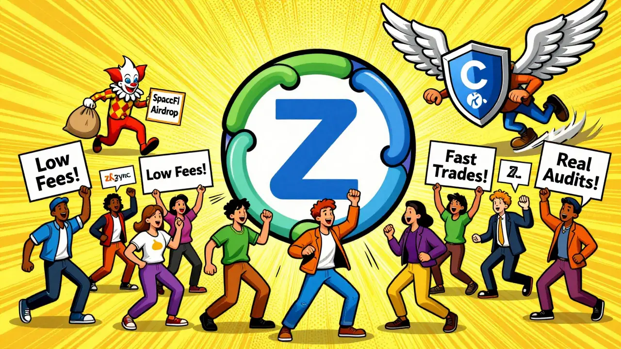 Joyful users celebrating real zkSync benefits while fake SpaceFi scammer flees
