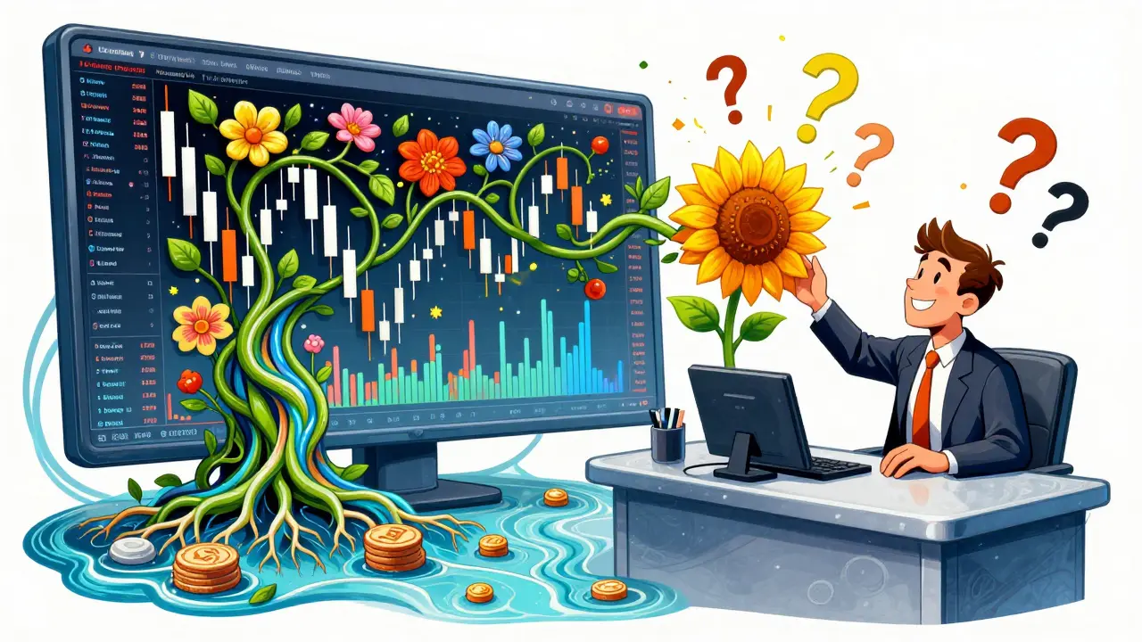 Living trading desk with vine-like candlesticks and on-chain data streams, a sunflower candle blooming as trader reaches out.