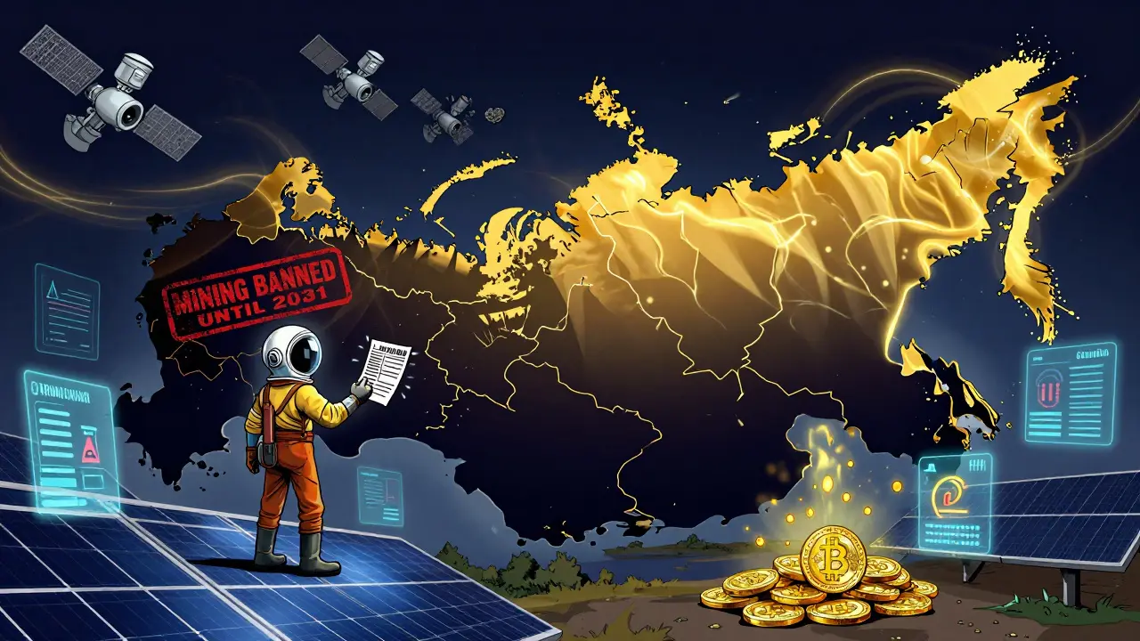 Map of Russia showing banned mining regions and glowing energy zones, miner holding tax form under satellite eyes.