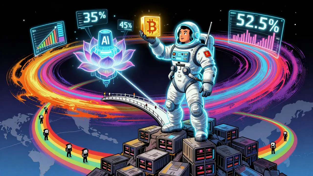 Miner on ASIC mountain with holographic hash rate graphs and AI supercomputer in vibrant colors.