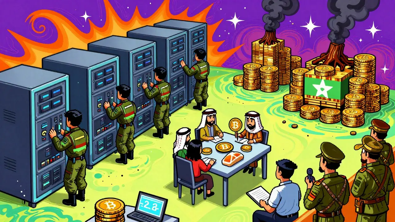 North Korean hackers, Iranian families trading crypto for food, and Myanmar generals stacking illicit crypto in a vibrant, swirling cartoon scene.