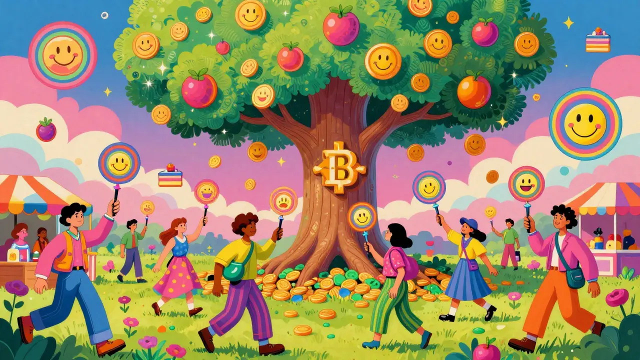 People holding BonusCake tokens as CAKE rewards bloom magically from their pockets.