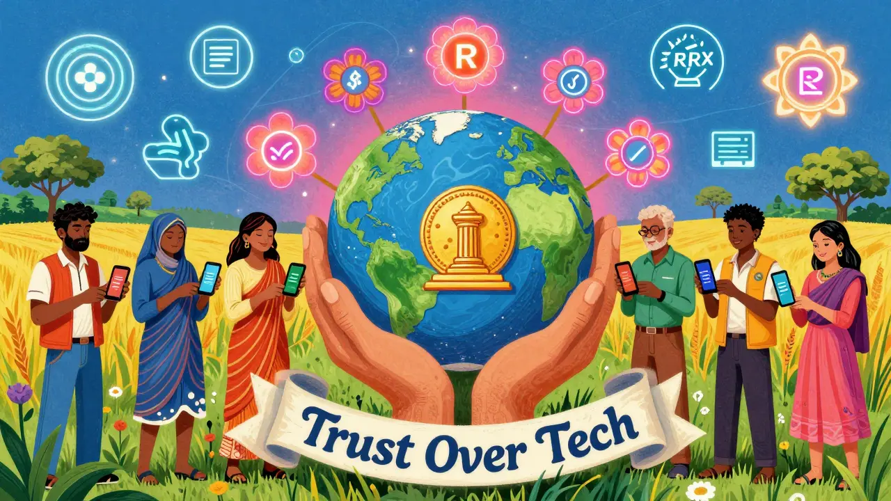 People in rural areas using NFC phones for offline CBDC payments, surrounded by glowing biometric symbols and digital currency flowers.