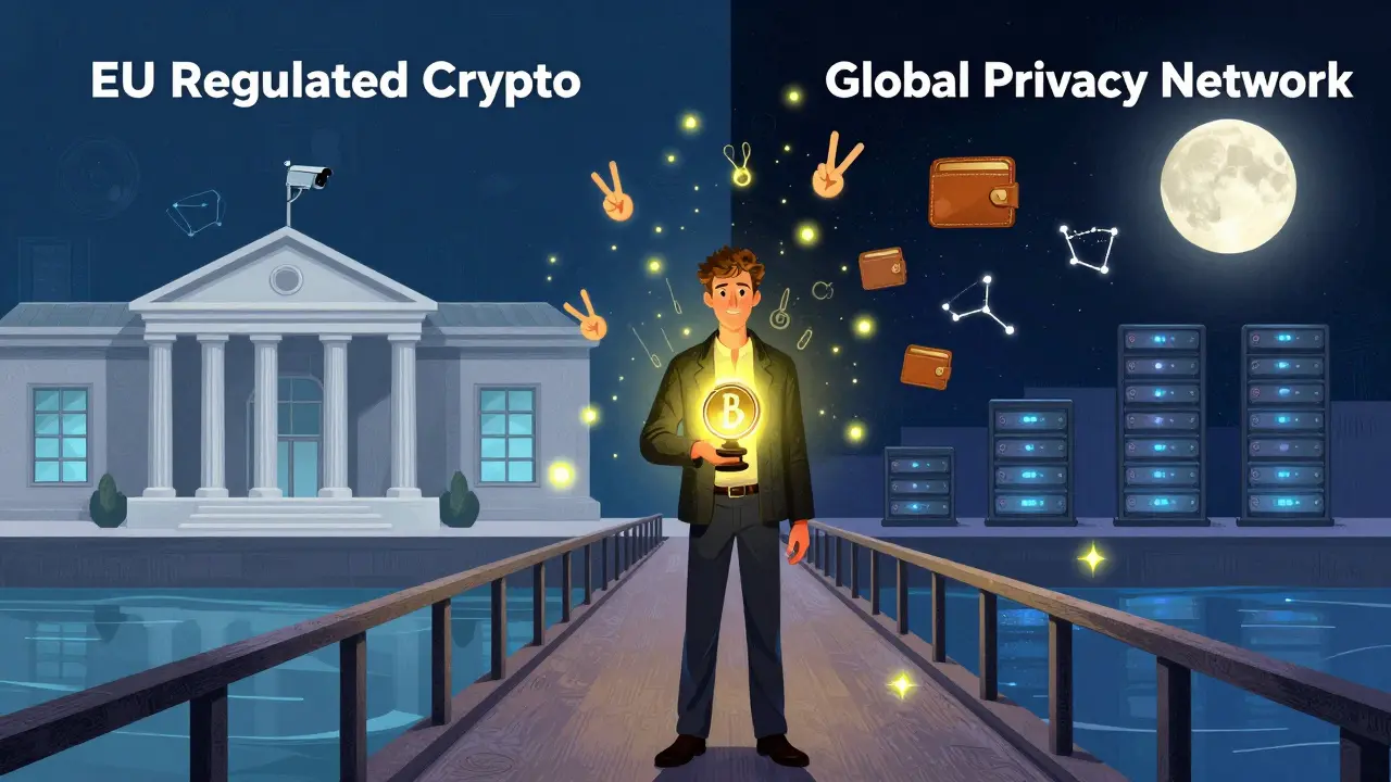Person on bridge between regulated crypto and global privacy network, holding Monero like a glowing lantern.