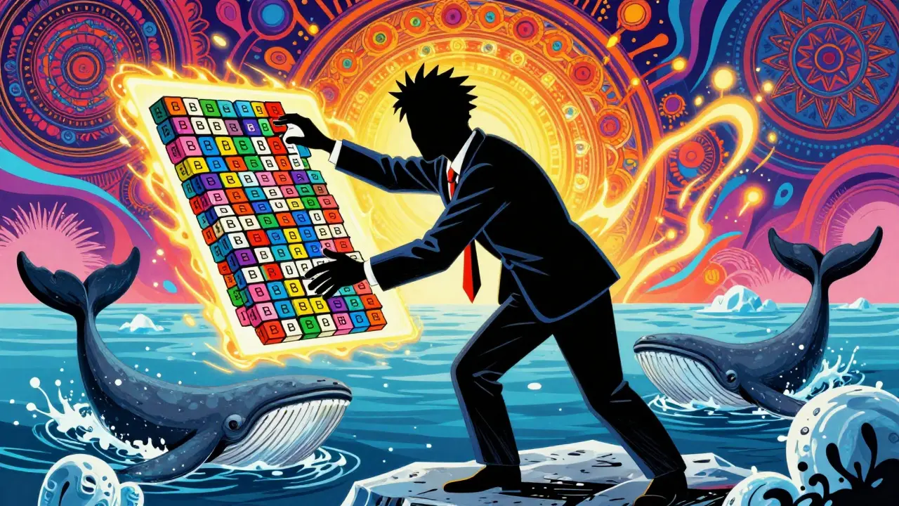 Shadowy trader stacking colorful fake orders, hidden iceberg whales below, swirling algorithmic energy waves.