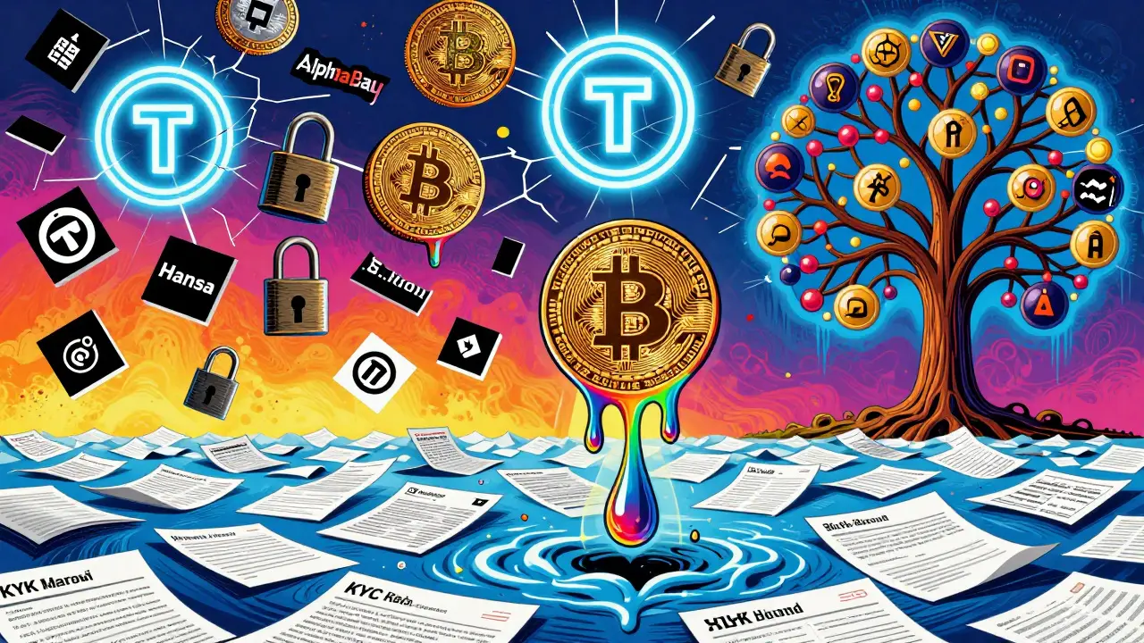 Silk Road’s legacy fragments into modern markets, Bitcoin auctions, and blockchain trees in vibrant colors.