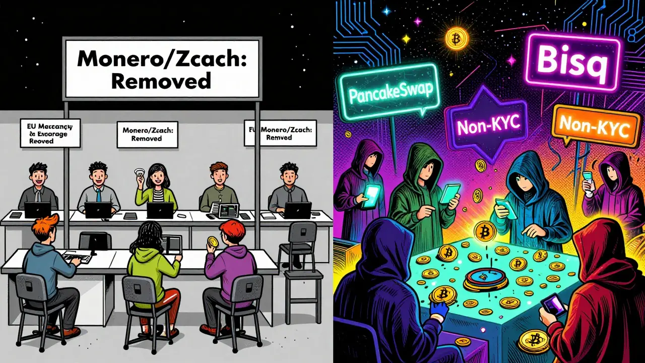 Split scene: orderly EU crypto exchange vs. colorful underground privacy coin market with neon signs.