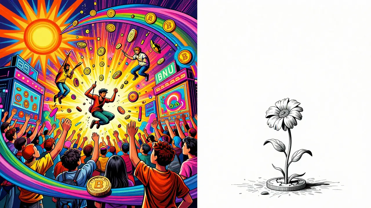 Split scene: vibrant thriving art hub vs. faded empty version, with a wilted flower growing from a BNU token.