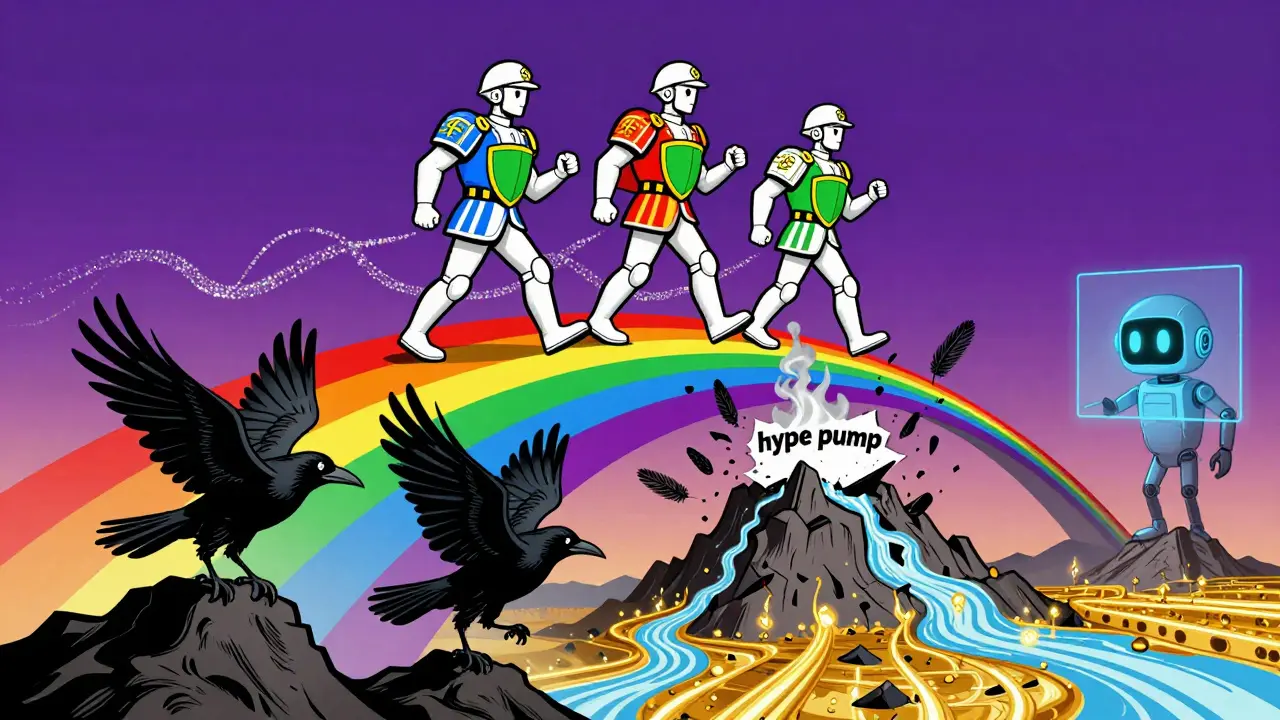 Three colorful bullish soldiers climbing a price mountain as black crows fall below