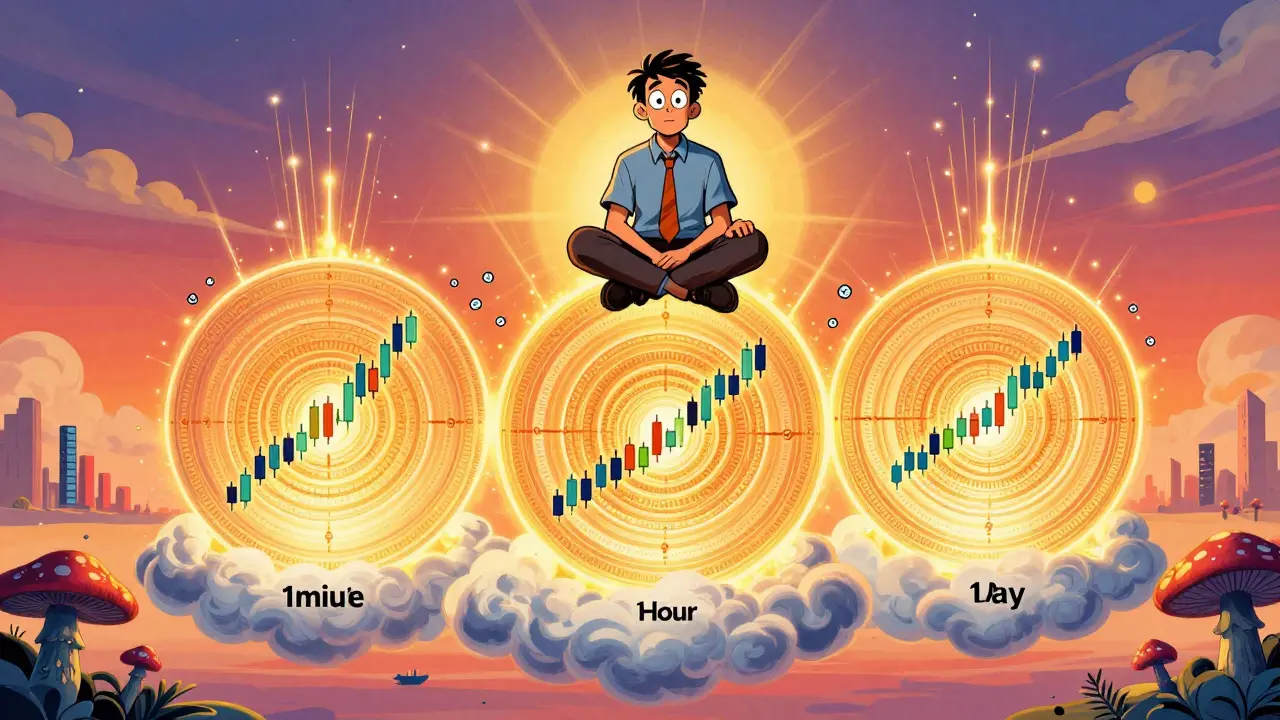 Trader on a cloud observing three glowing timeframes as mandalas with candlestick patterns, surrounded by volume bars.