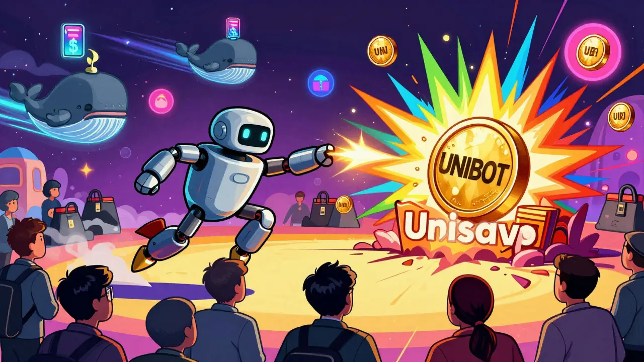 UniBot avatar sniping a new token launch amid rainbow price spikes and mirror-trading whales in a vibrant digital landscape.