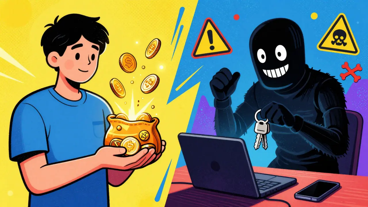 User earning revenue from UNIBOT tokens vs. phishing bot attempting theft, all in surreal, colorful Peter Max illustration style.