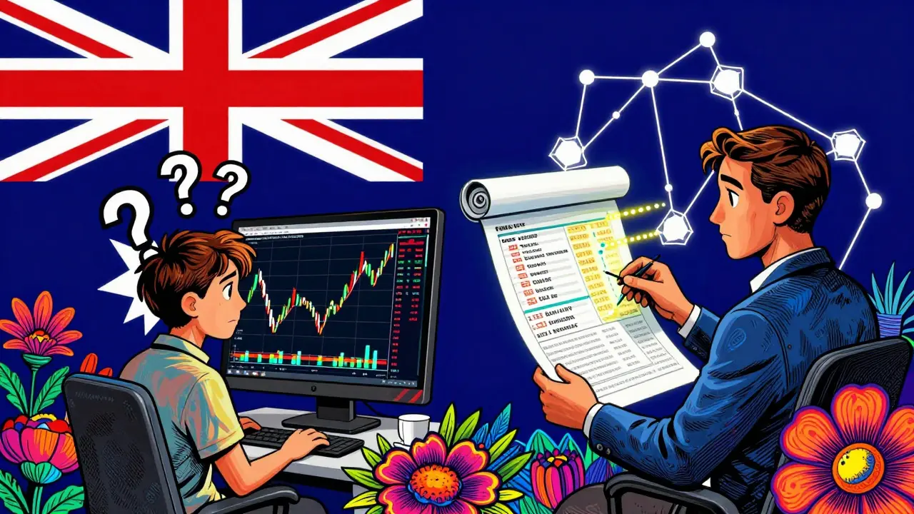 A beginner confused by a complex chart vs. a professional reviewing tax data in a split psychedelic scene.