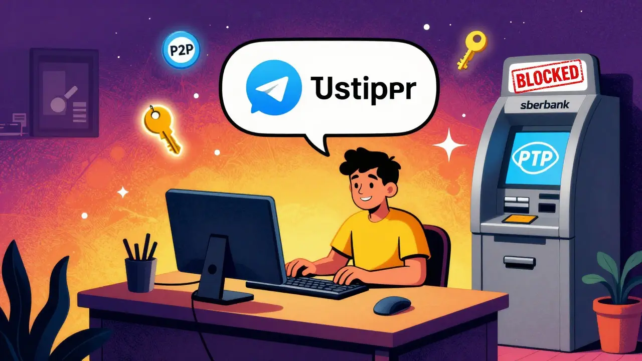 A business owner sending USDT via Telegram to an international freelancer in a colorful, psychedelic room.