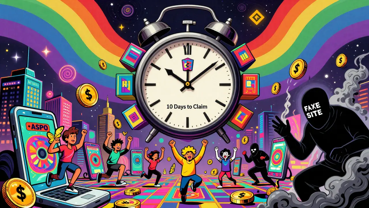 A clock made of NFT boxes counts down as tokens fly like butterflies, with a scammer vanishing in smoke.