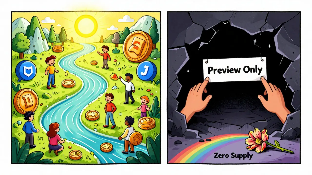 A colorful contrast between thriving DeFi platforms and a crumbling, hollow shell labeled Jswap Finance.