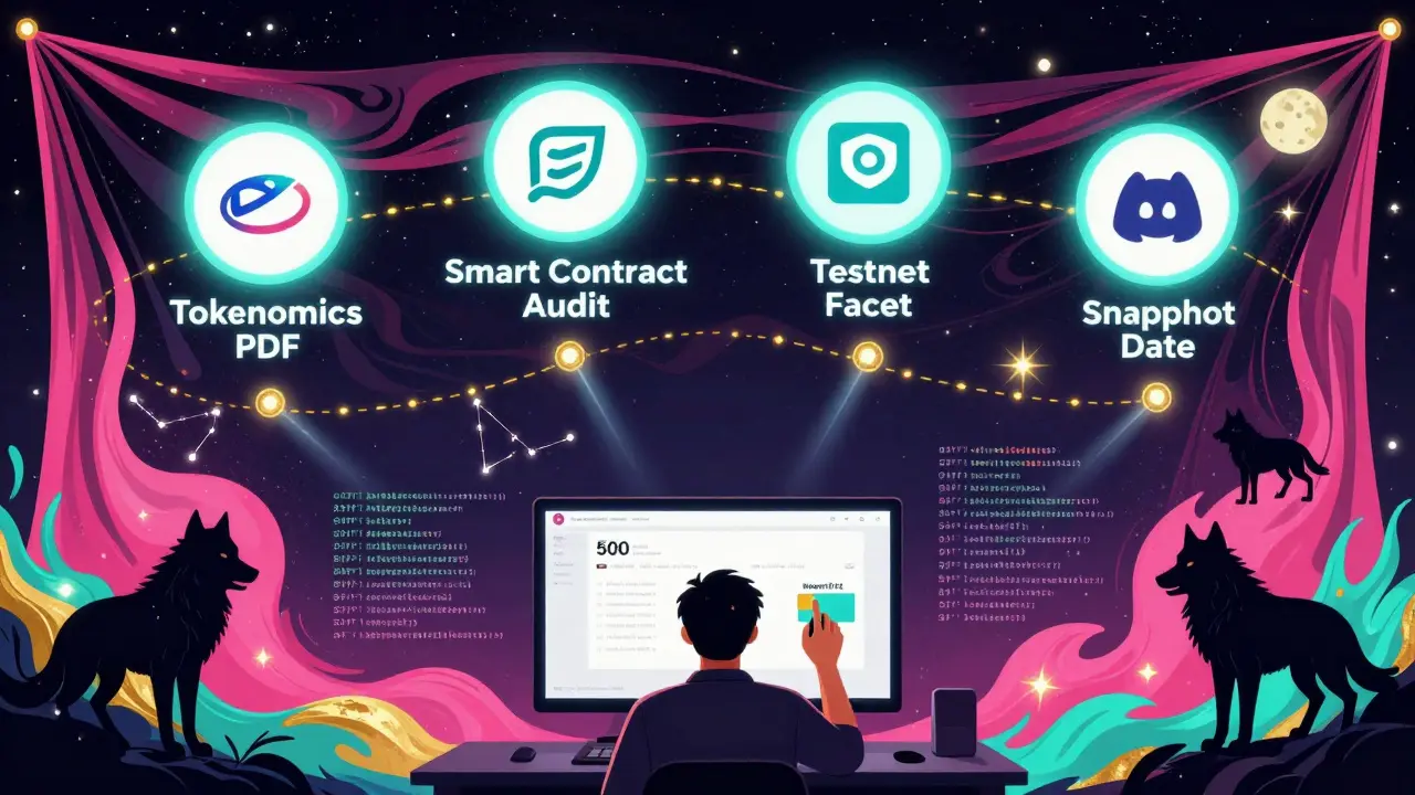 A cosmic roadmap with key milestones floating above a quiet Discord server, as a collector saves their wallet screenshot.